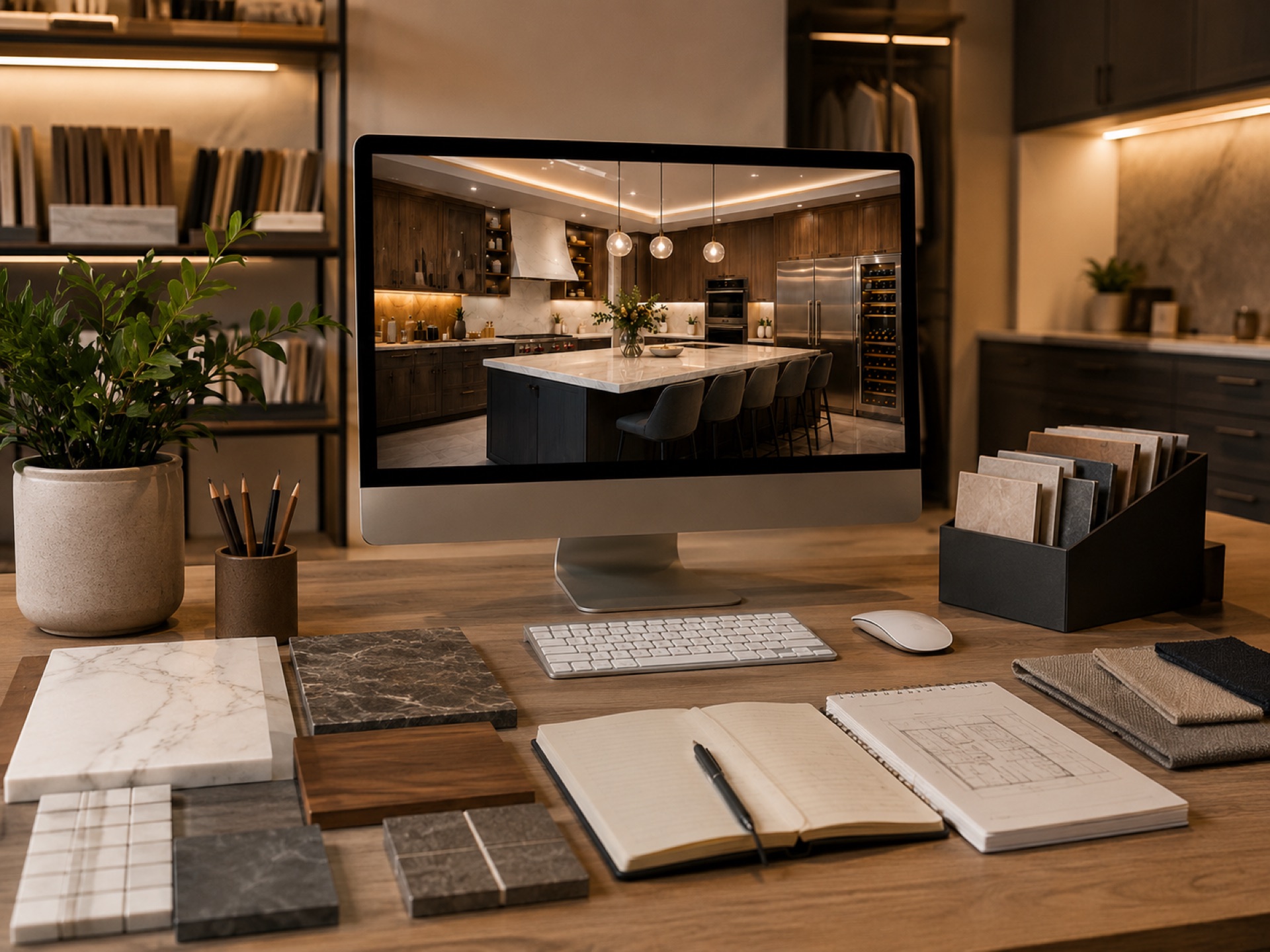 3D kitchen design rendering on a desktop