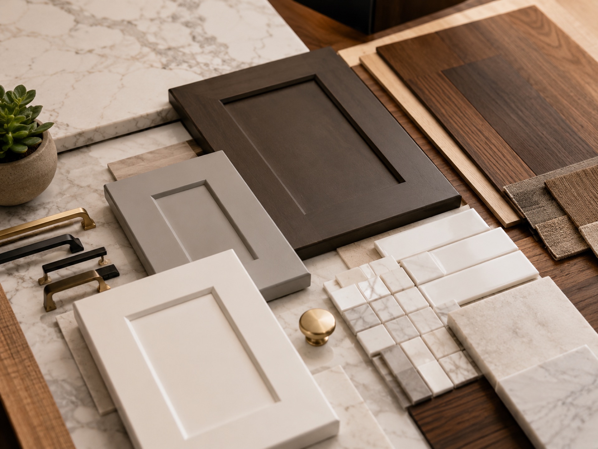 Cabinet door, hardware, and tile material samples