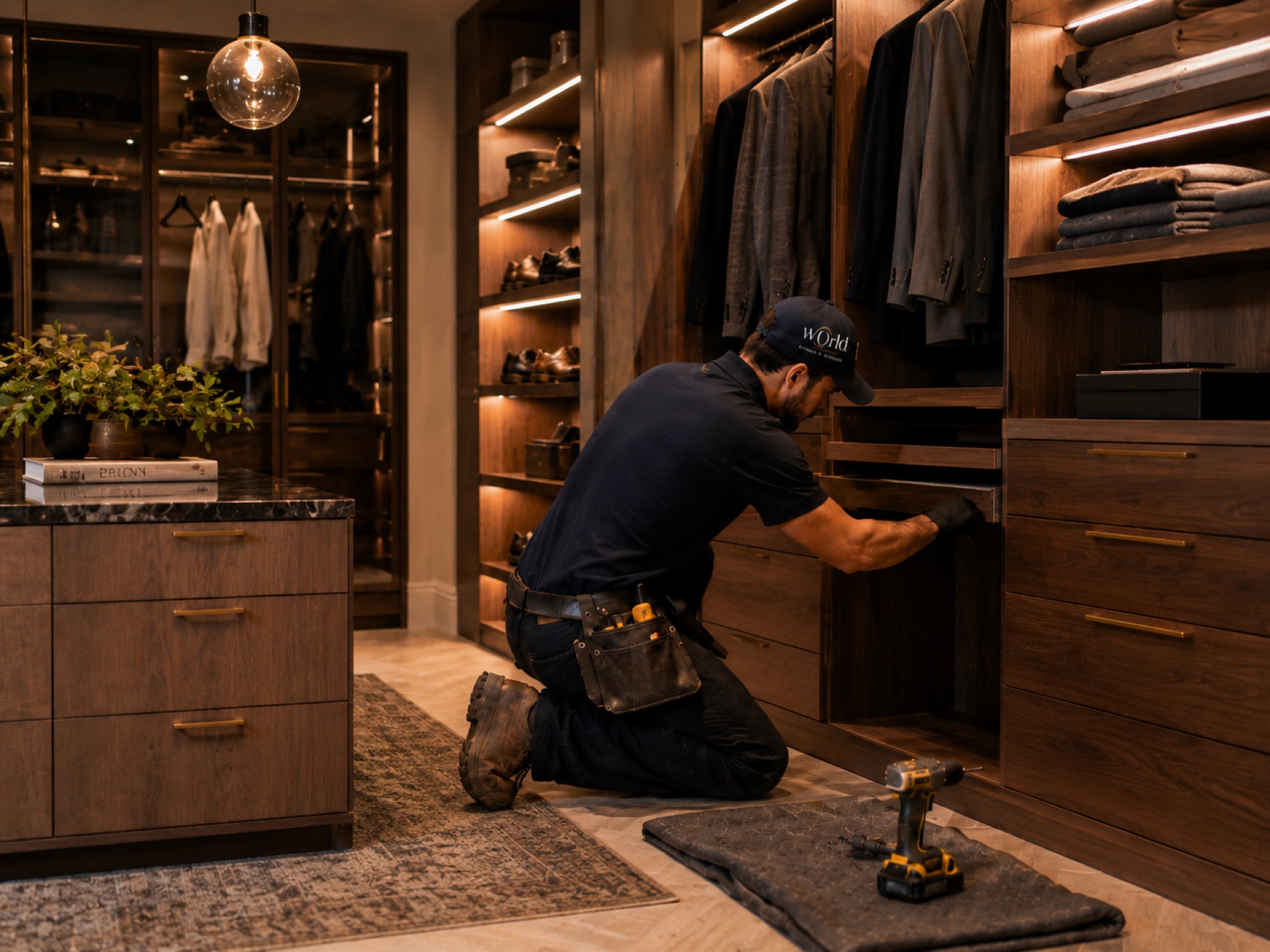 Craftsman installing custom cabinetry